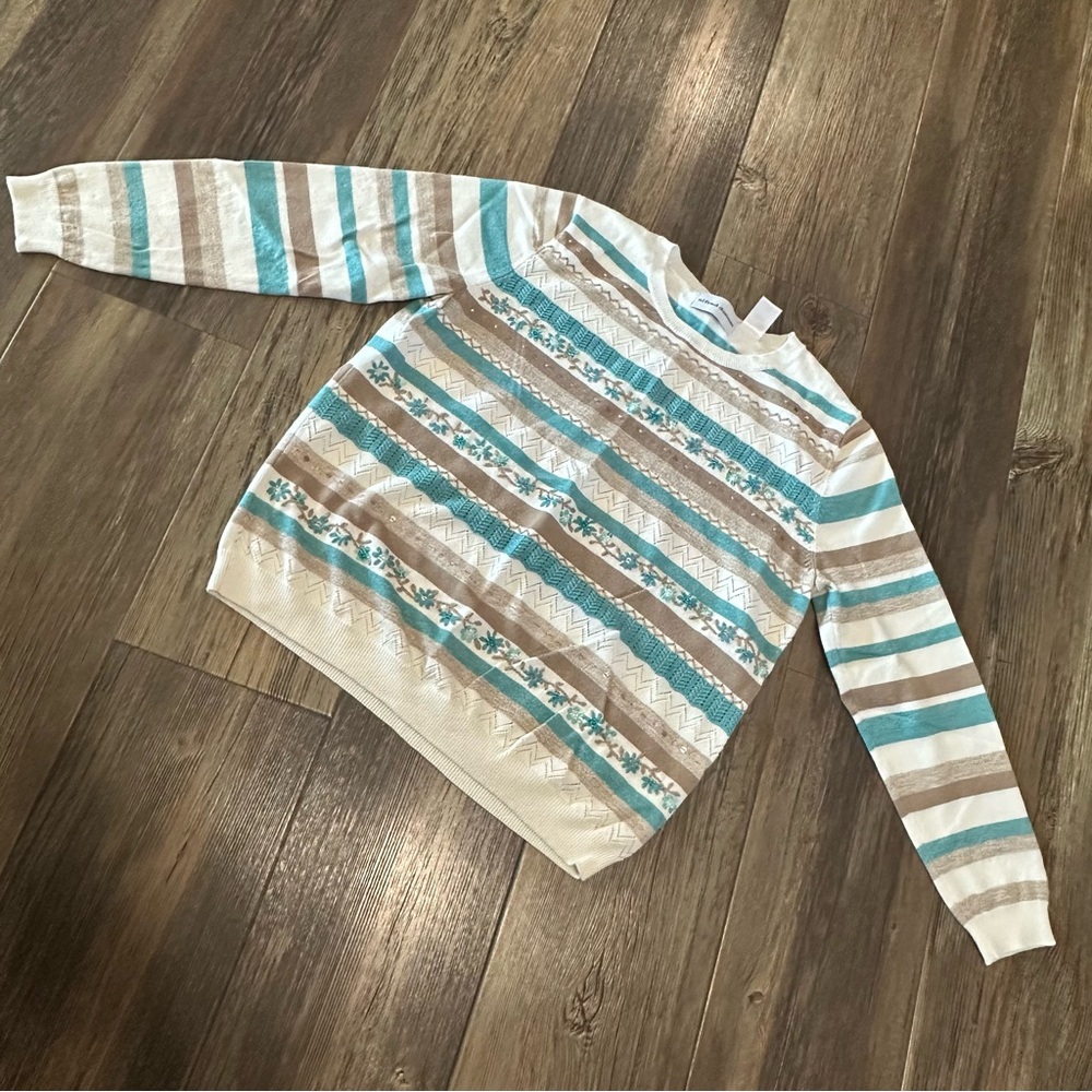 Alfred Dunner striped lightweight sweater floral embroidery & sequins tan teal
